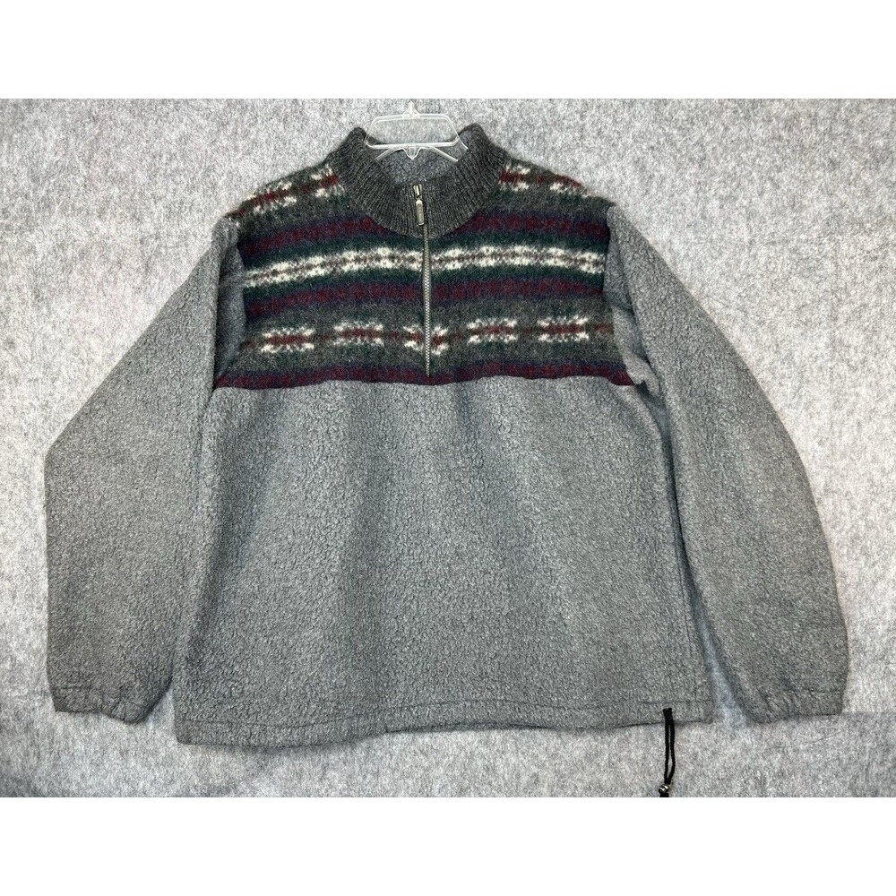 Vintage LL Bean Wool Fleece XL Aztec Pullover 1/4 Zip Gray Outdoor Cabin